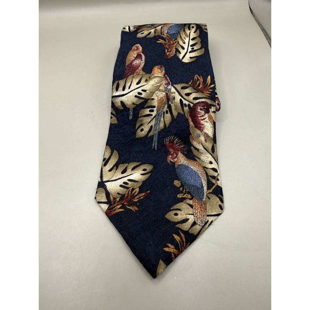 Tropical Parrot Tie Novelty Necktie Navy Blue Silk Classic
